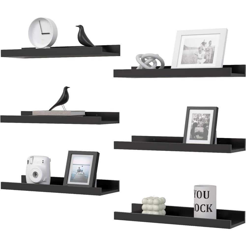 Floating Shelves Set of 6, Black Wall Shelves with Lip, Display Shelves for Wall Decor, Modern Picture Ledge for Living Room, Bedroom, Nursery, Bathroom, Pictures, Books, Plants- Black