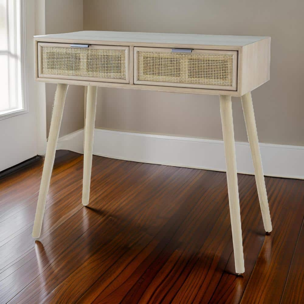 Pia 32 Inch Wood Console Table, 2 Drawers, Woven Rattan, Natural Brown - Saltoro Sherpi