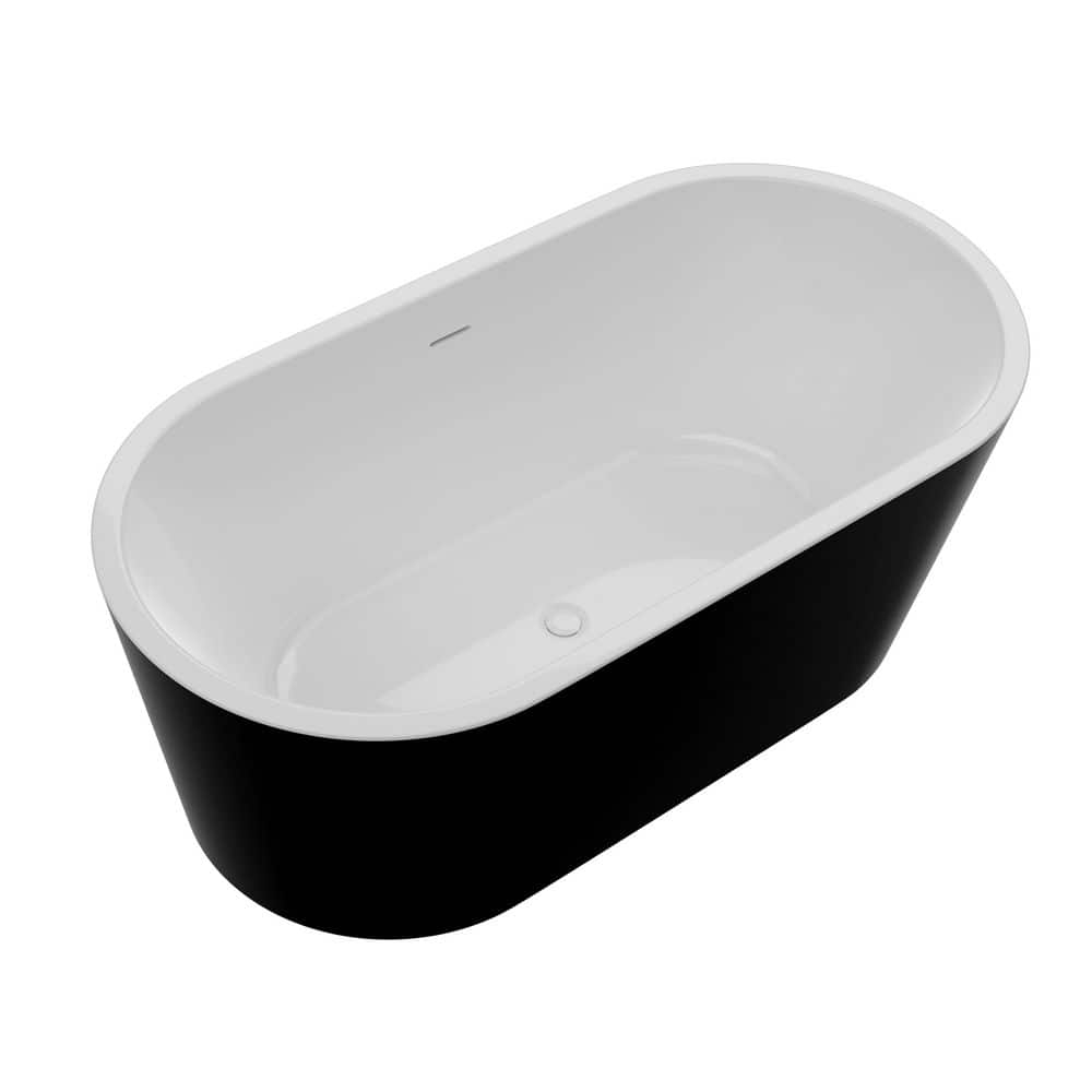 Glossy Black Acrylic Freestanding Soaking Bathtub with Overflow