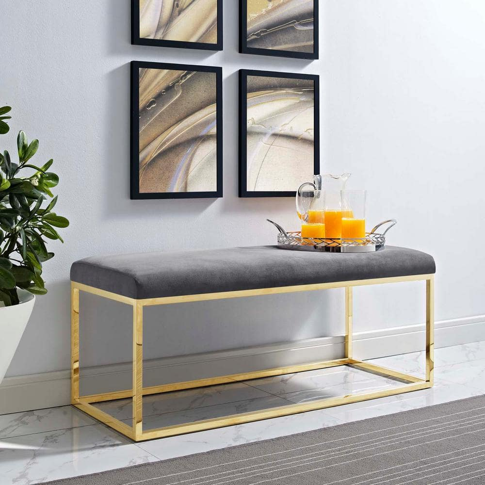 Modway Anticipate Velvet & Stainless Steel Bedroom Bench in Gold and Gray