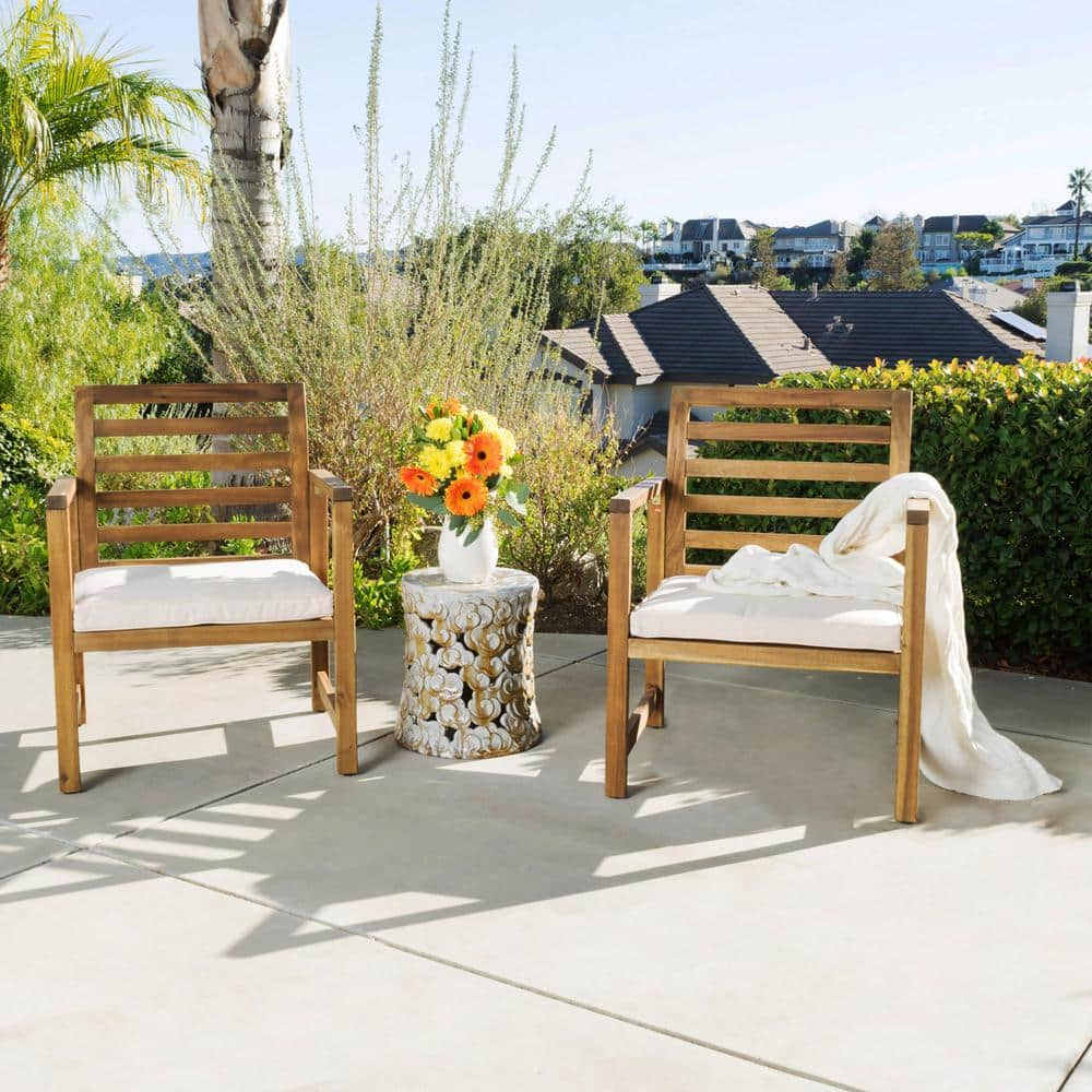 Natural Acacia Wood Lounge Chairs with White Cushions, Set of 2