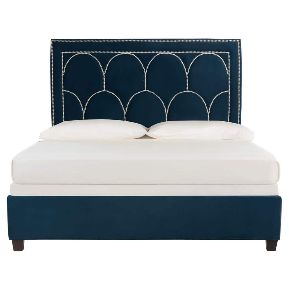 SAFAVIEH Solania Glam Upholstered Bed Frame with Nail Head, Queen, Navy