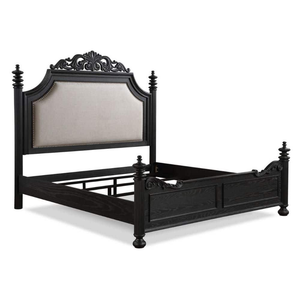 Berry King Black Wood Bed with Cream Upholstered Headboard