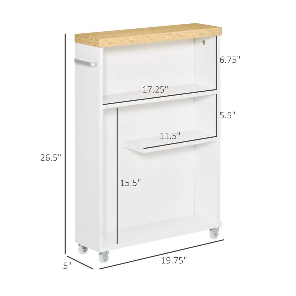 kleankin Slim Bathroom Cabinet with Castor Wheels Storage Organizer and Wood Shelves To Fit In Small Spaces, White