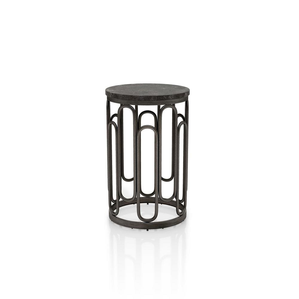 Furniture of America Saz Metal Stone Top Small End Table, Black