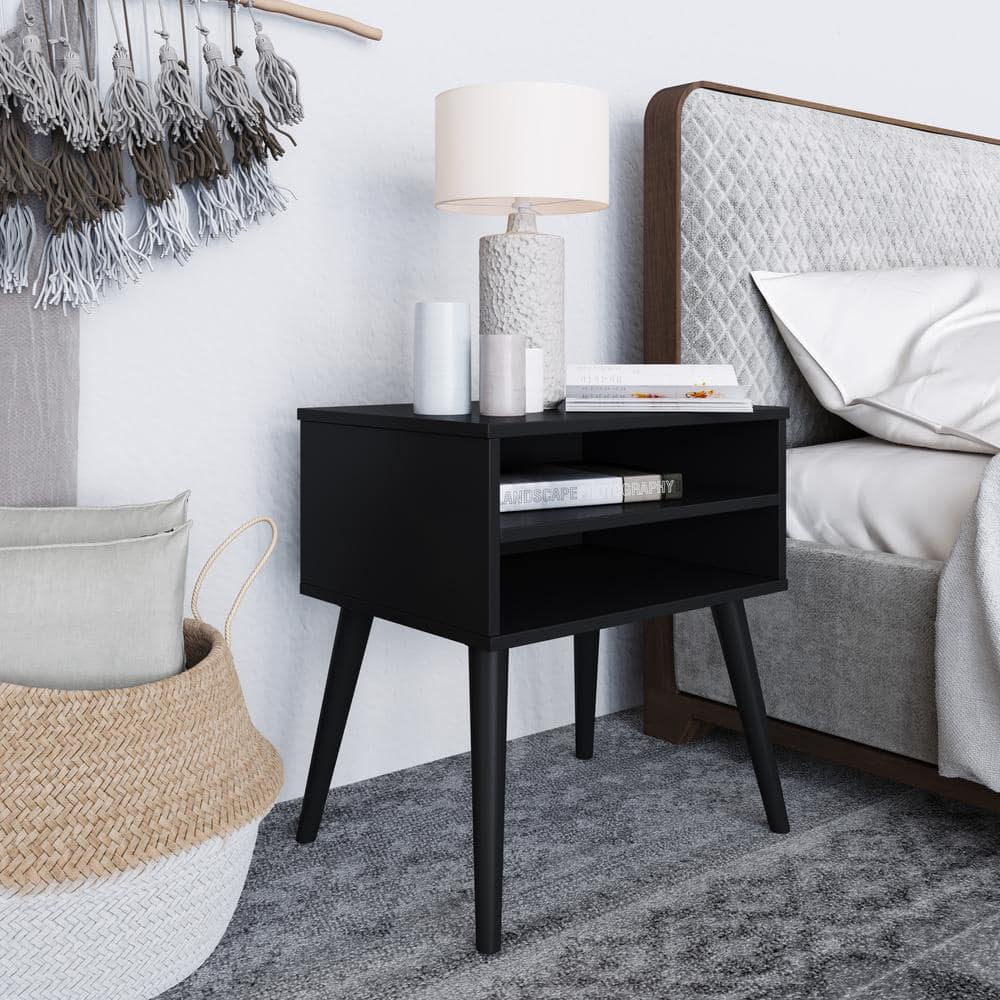 Black Mid-Century Modern Wood Nightstand with Laminate Top