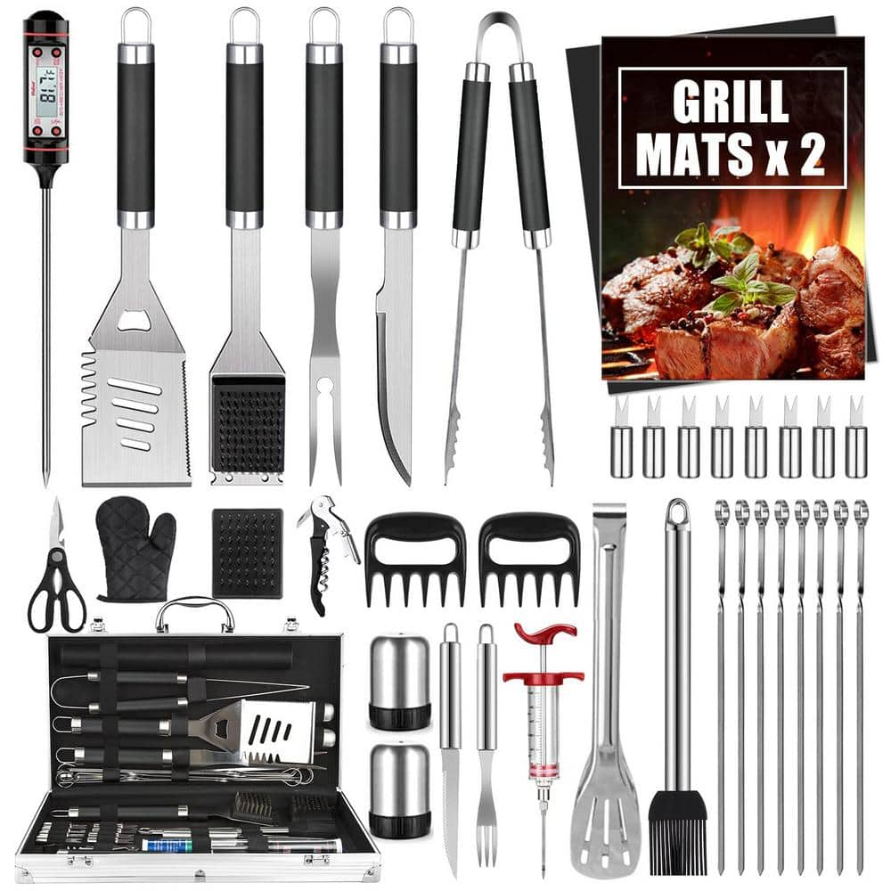 BBQ Grill Accessories Set, 38Pcs Stainless Steel Grill Tools Grilling Accessories with Aluminum Case, Thermometer, Grill Mats for Camping/Backyard Barbecue, Grill Utensils Set for Men Women