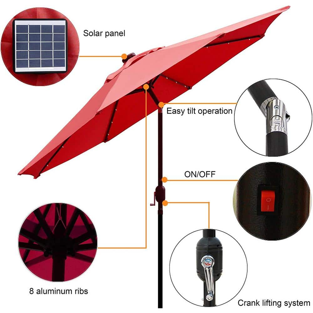 Blissun 9 ft Solar Umbrella, 32 LED Lighted Patio Umbrella, Table Market Umbrella, Outdoor Umbrella for Garden, Deck, Backyard, Pool and Beach (Red)