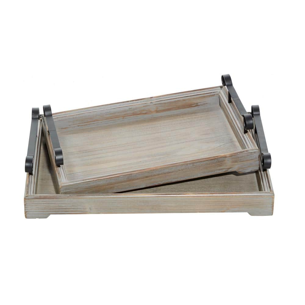 DecMode 20", 17"W Beige Wood  Tray with Metal Handles, 2-Pieces