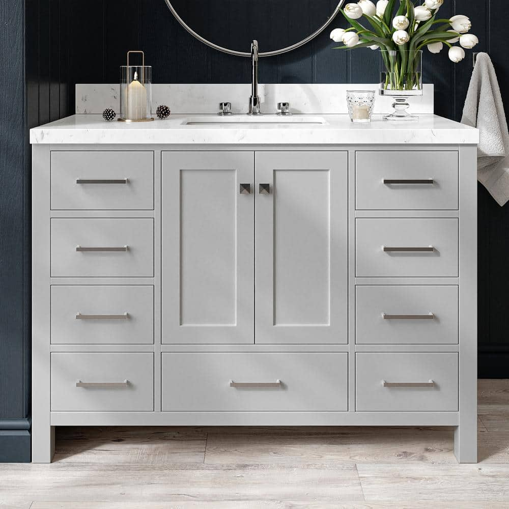 ARIEL 48" Grey Bathroom Vanity Base Cabinet, Single Sink Configuration, 2 Soft Closing Doors, 9 Full Extension Dovetail Drawers, Brushed Nickel