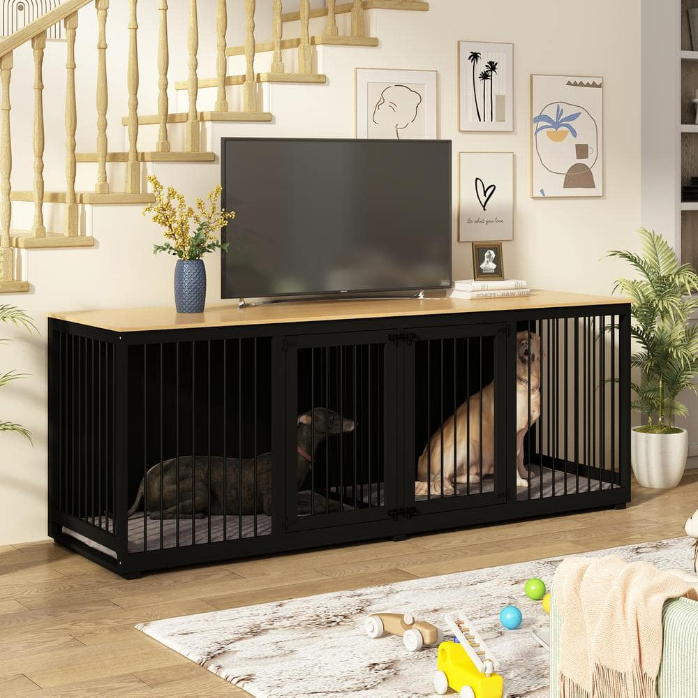 94.5" Extra Large Dog Crate Furniture, Heavy Duty Dog Kennel with a Removable Divider, Indoor Furniture Style Dog Crate House TV Stand with Double Rooms for Large Medium Breed Dogs, Black