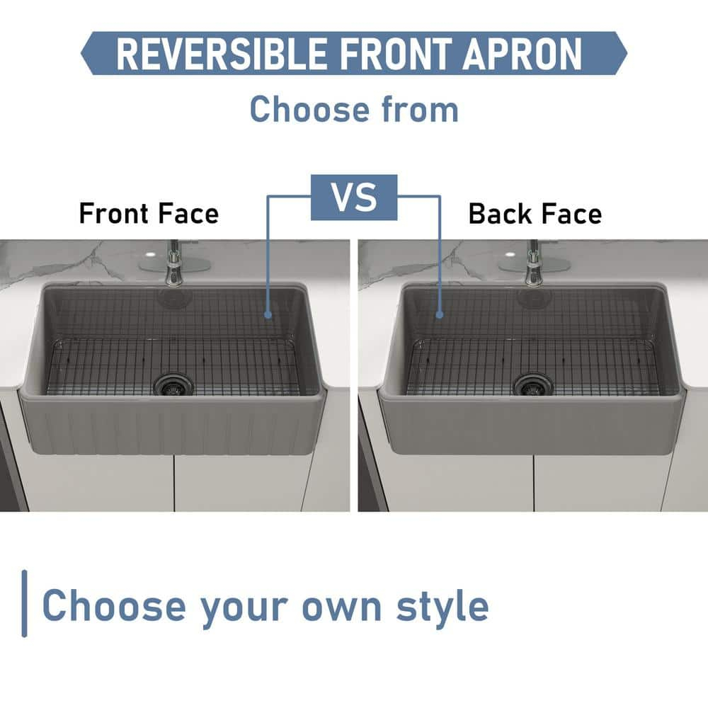 33 in. Farmhouse/Apron-Front Single Bowl Matte Gray S2 Fine Fireclay Kitchen Sink with Bottom Grid and Strainer Basket