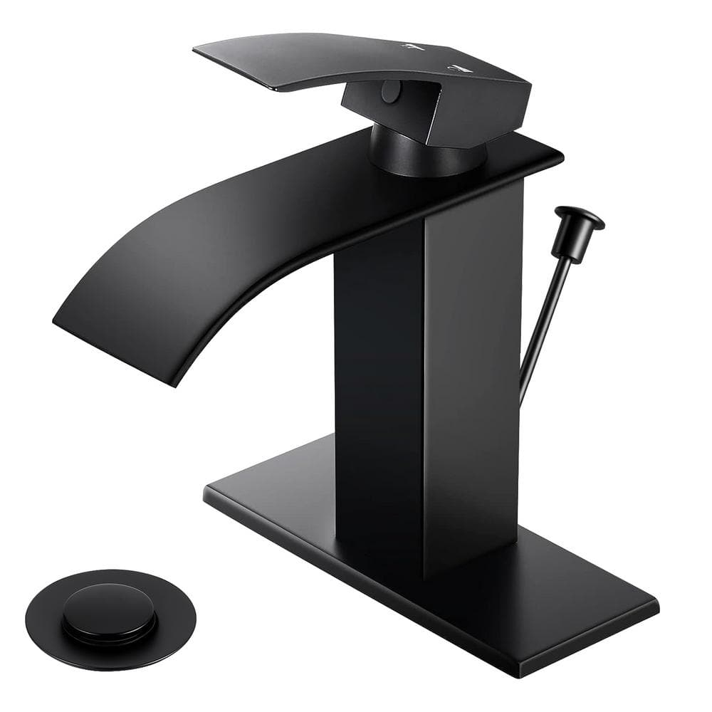 KZH Vessel Sink Faucet, Matte Black Tall Waterfall Spout Bathroom Faucet,Single Handle Bathroom Sink Faucet for 1 Hole Mixer Tap Washbasin Vanity Faucet with Pop-up Drain and Supply Hoses