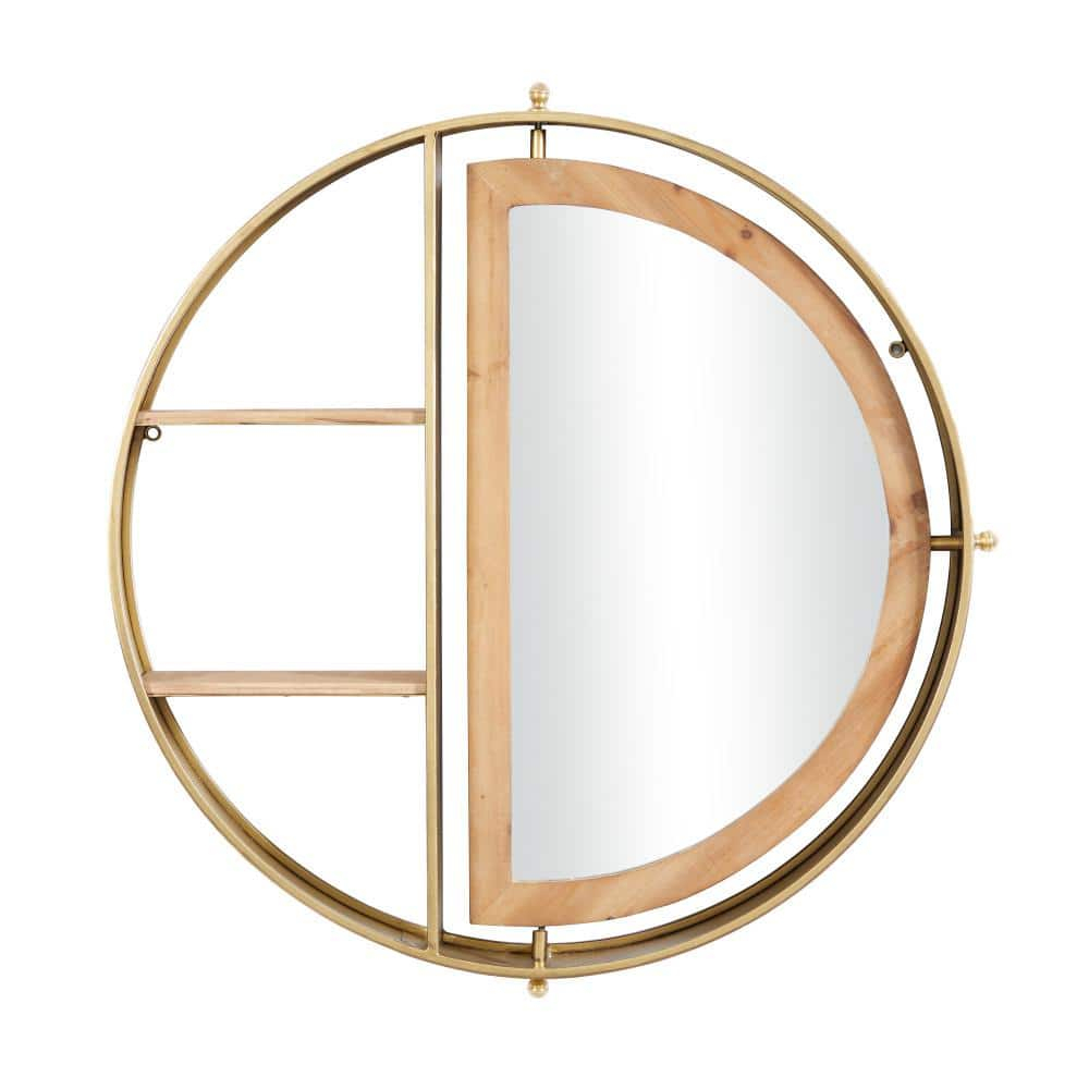 DecMode 28" x 5" 2-Tier Gold Wall Shelf with Half Moon Shaped Mirror