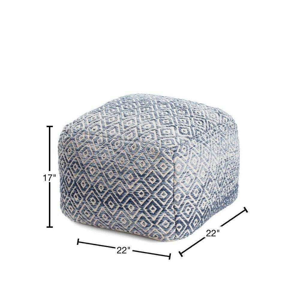 Chero Distressed Diamond 22" Square Pouf Ottoman Blue and Beige