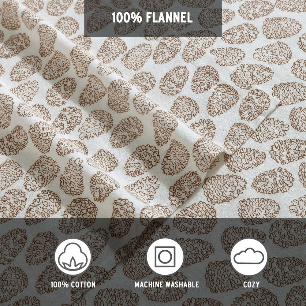 Beige Cotton Flannel Twin Sheet Set with Pine Cone Print