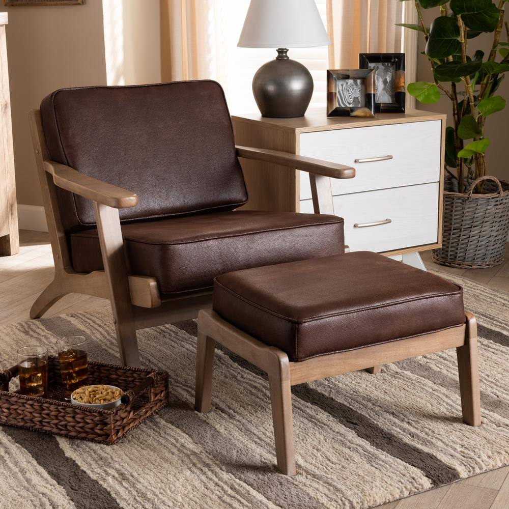 Antique Oak Dark Brown Faux Leather Accent Chair