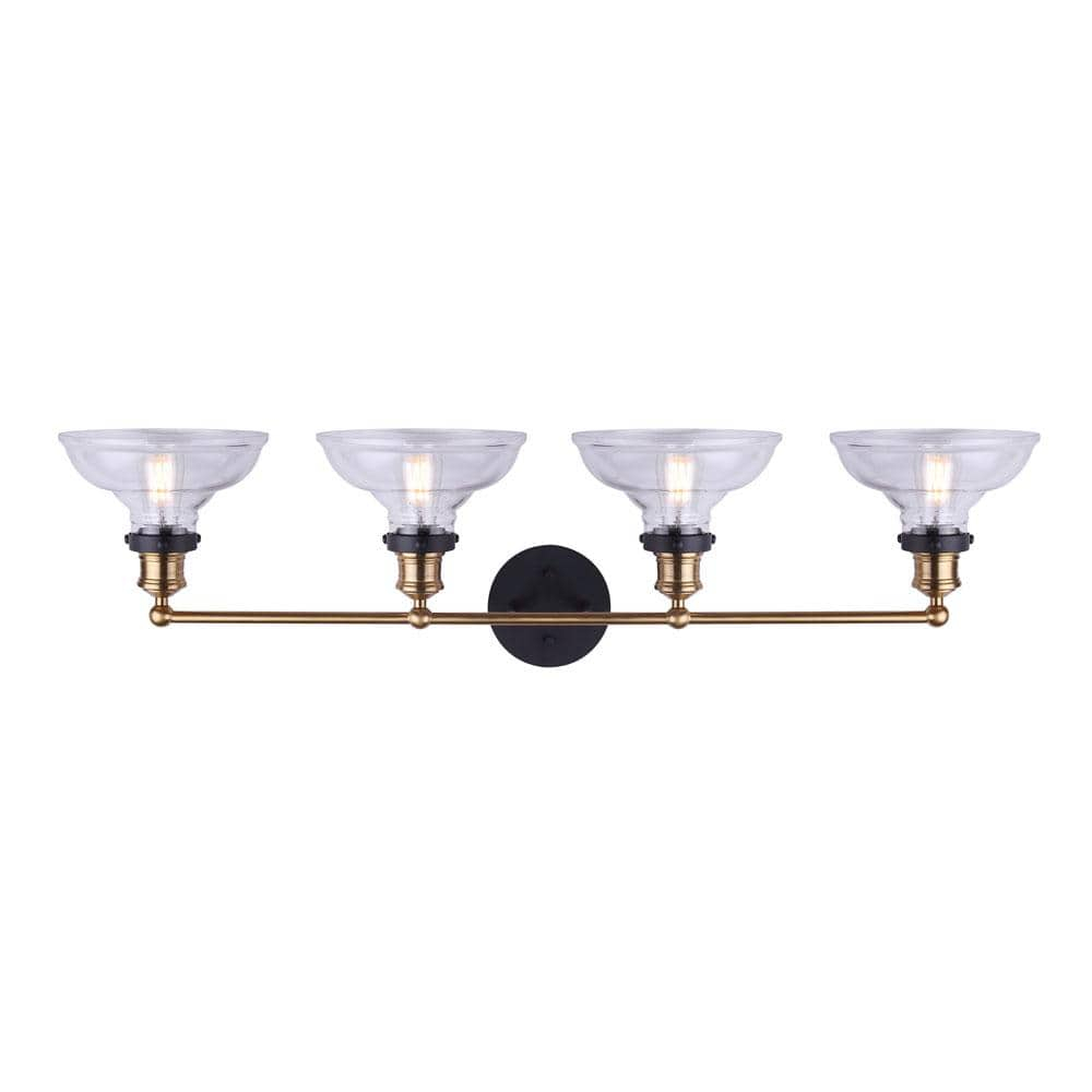 LORA Modern Farmhouse Vanity Light – 4-Light Industrial Bathroom Fixture, Matte Black & Gold Finish, Clear Glass Shades, 100W Type A, 38.5" Wide Over Mirror Wall Sconce