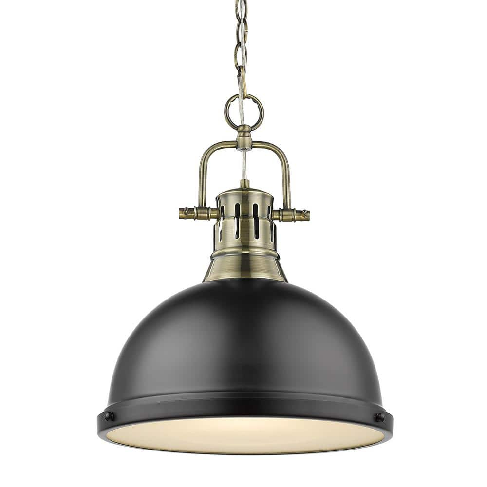 Golden Lighting Duncan 1-Light Large Pendant with Chain in Aged Brass with Matte Black