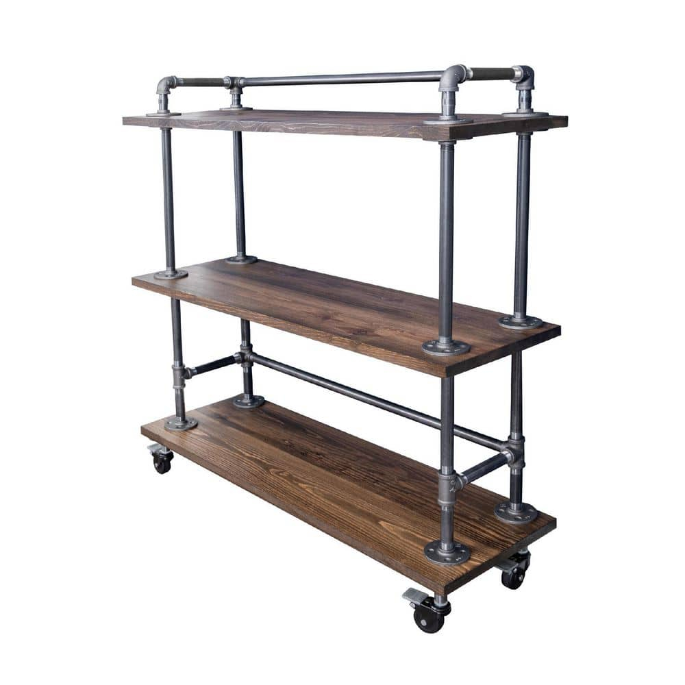 PIPE DECOR Restore by  Industrial 3 Tier Solid Wood & Steel Pipe Bar Cart with Wheels Trail Brown