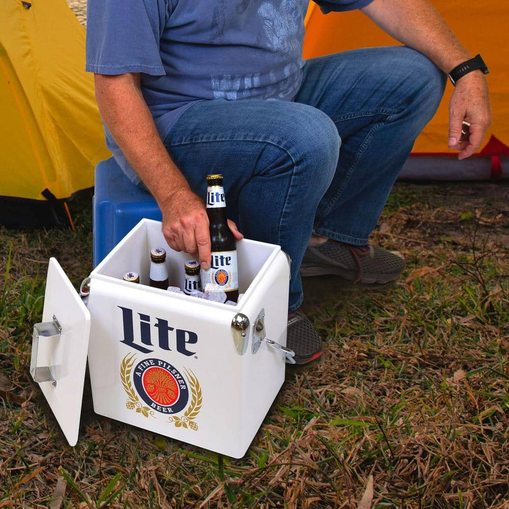 Miller Lite Retro Ice Chest Cooler with Bottle Opener 13L (14 qt), White and Blue