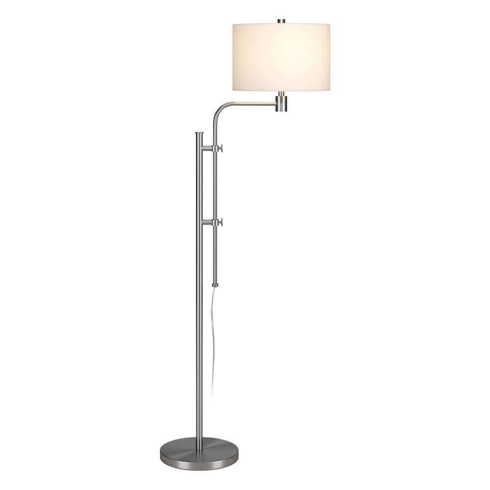 Evelyn&Zoe Polly Height-Adjustable Floor Lamp with Fabric Shade, Brushed Nickel/White