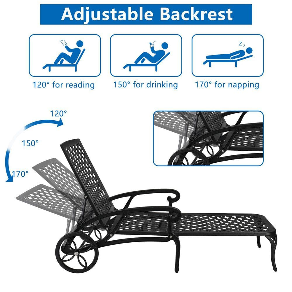 Black Cast Aluminum Metal Outdoor Chaise Lounge with Wheels and 3-Position Adjustable Backrest for Patio, Pool