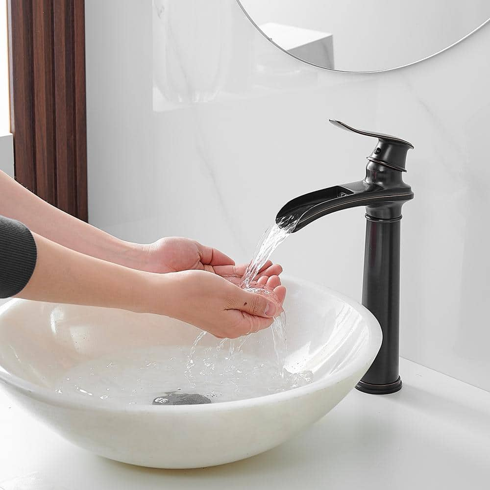 Waterfall Single Hole Single Handle Vessel Sink Faucet With Drain Assembly in Oil Rubbed Bronze