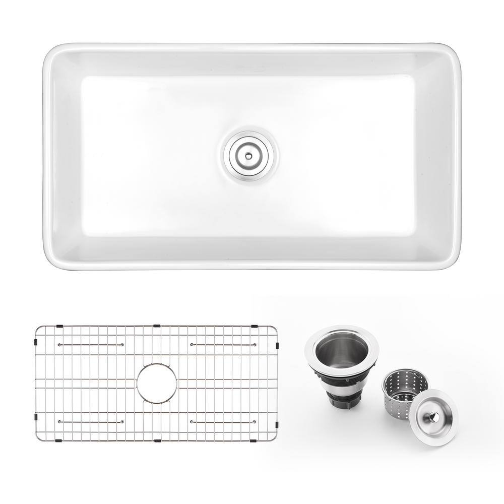 30 in. Rectangular Farmhouse Apron Single Bowl White Ceramic Kitchen Sink with Grid and Strainer