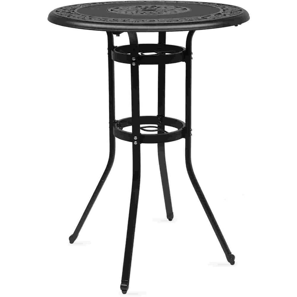 Black Cast Aluminum Round Outdoor Bar Table with Umbrella Hole