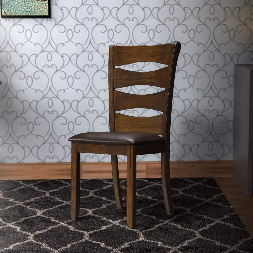 Transitional Ladder Back Side Chair with Leatherette Seat, Brown - Set of 2
