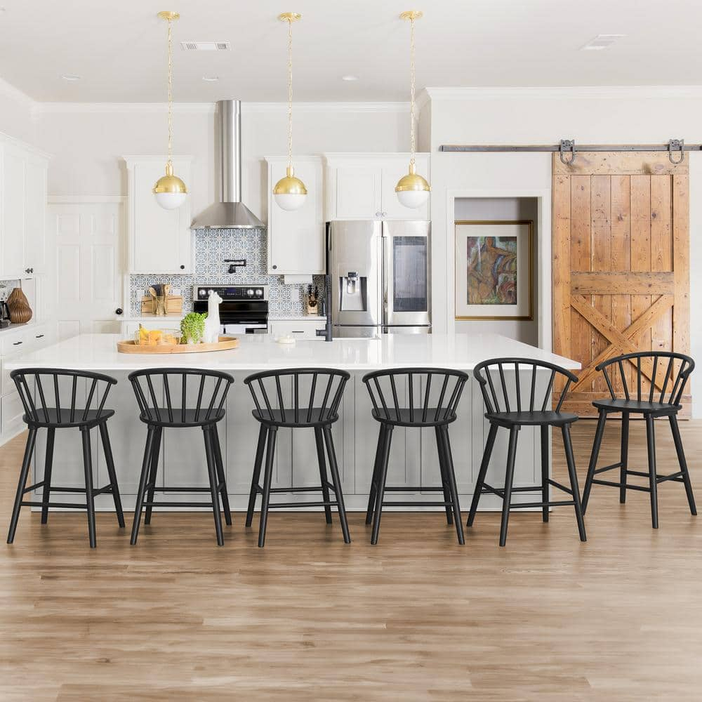 Winson Windsor 24 in. Black Solid Wood Bar Stool for Kitchen Island Counter Stool with Spindle Back Set of 6