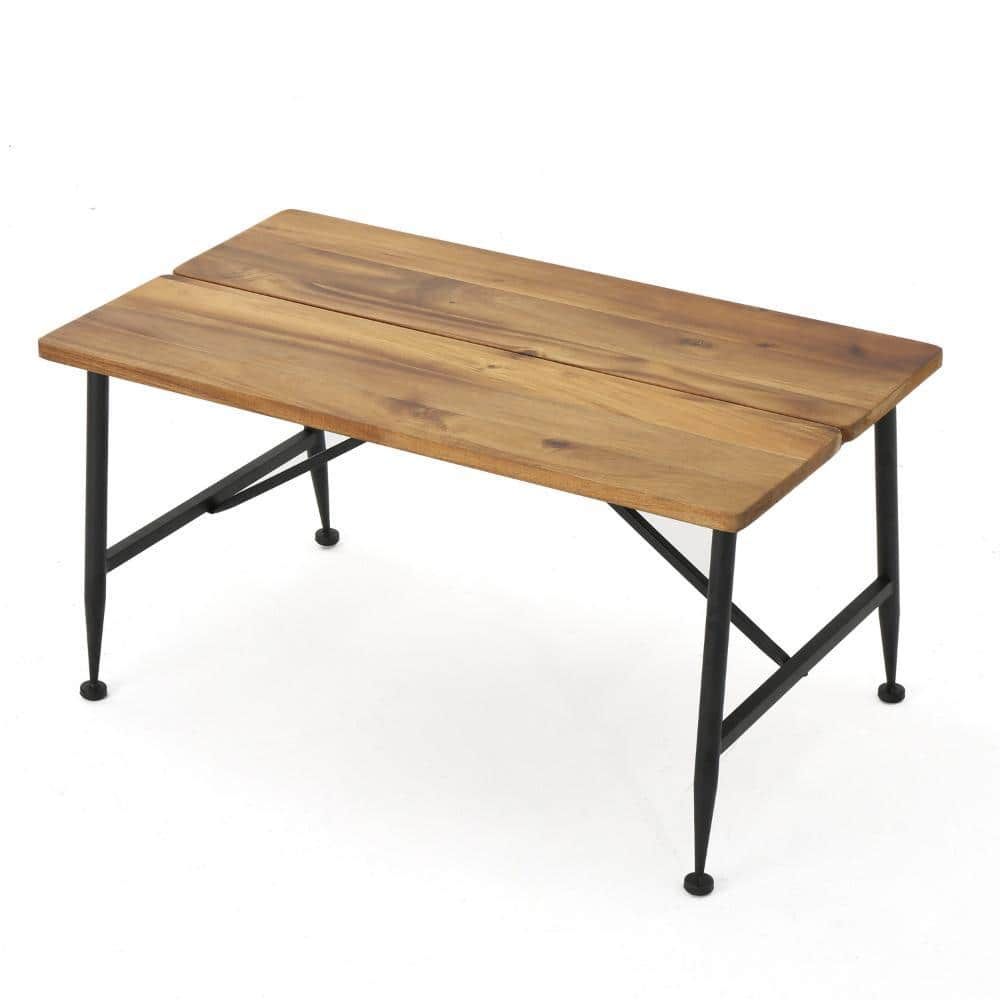 Benjara Cala Outdoor Coffee Table, 36 Inch Brown Acacia Wood, Black Metal
