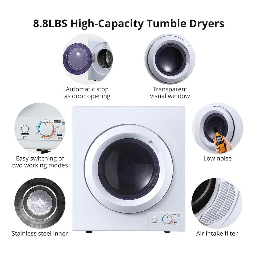 2.7 cu.ft Compact Clothes Dryer, 2 Temperatures, Dries Up to 14.4 lbs of Clothes, 1400W Small Dryer Machine with Stainless Steel Tub, Suitable for Home, Dorm, RVs