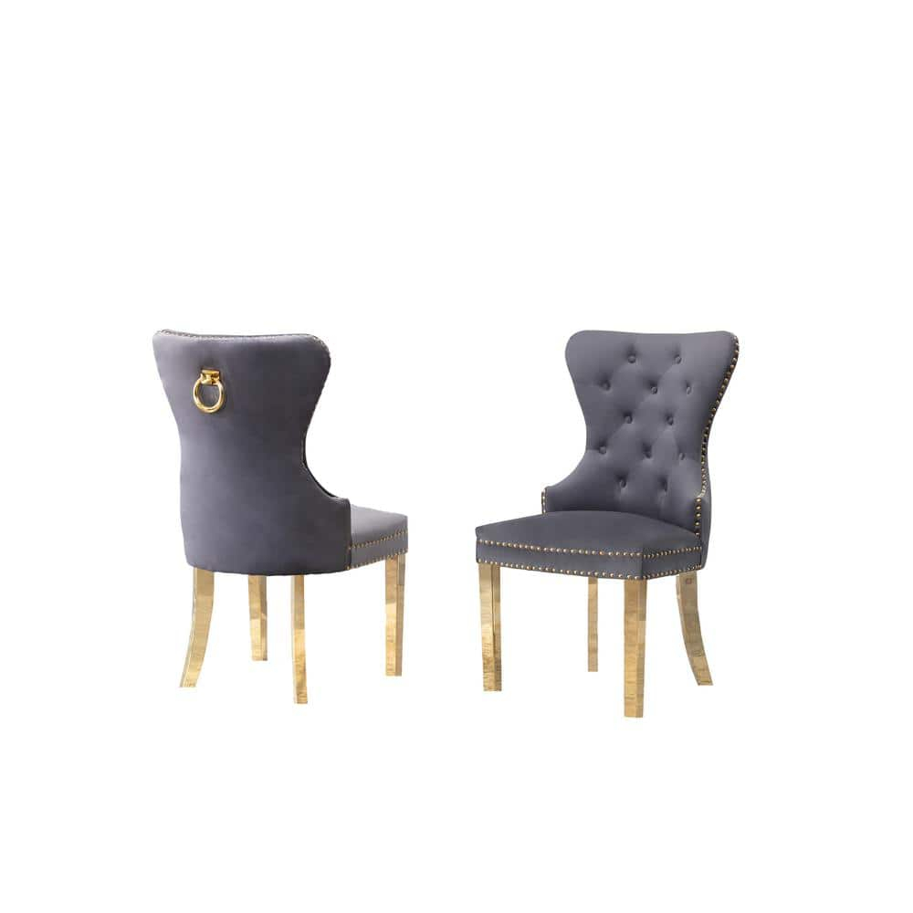 Double Tufted Gray Velvet Side Chairs with Gold Stainless Steel Legs