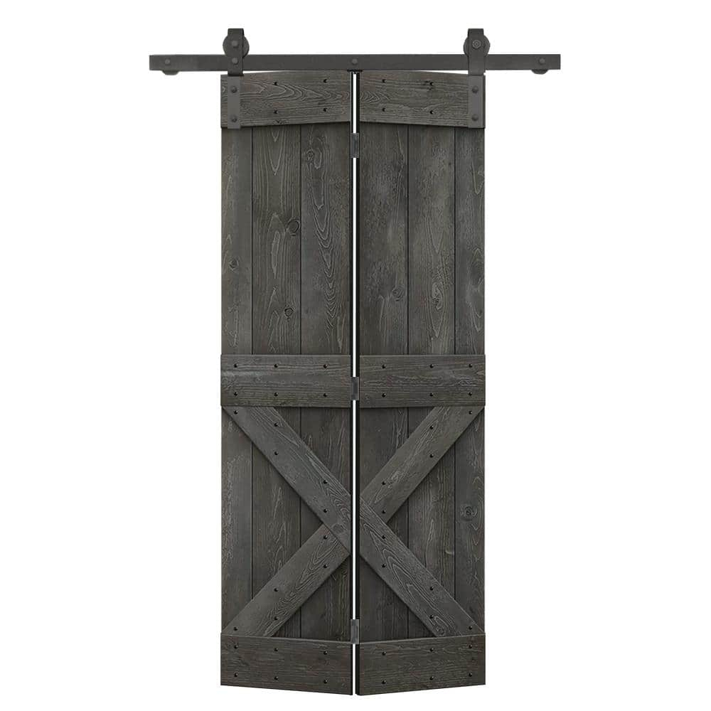 36 in. x 84 in. Mini X Series Carbon Gray Stained DIY Wood Bi-Fold Barn Door with Sliding Hardware Kit