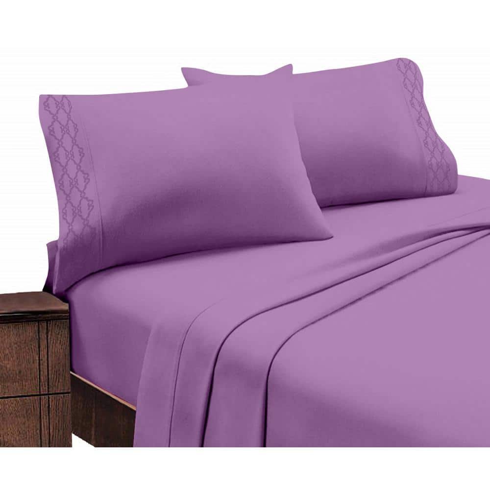 Home Sweet Home Extra Soft Deep Pocket Embroidery Luxury 4-Piece Bed Sheet Set (King, Purple)