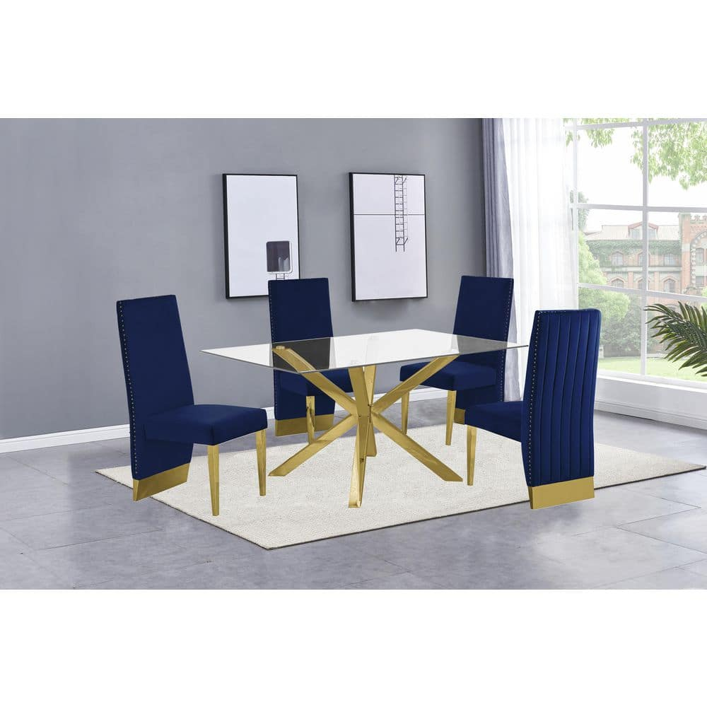 63"x 39" Rectangular Clear Glass 5pc Dining Set with Gold Stainless Steel