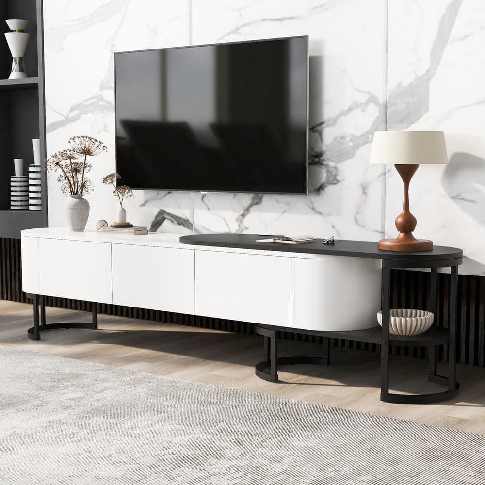 White and Black Modern TV Stand with 3 Drawers and Shelves