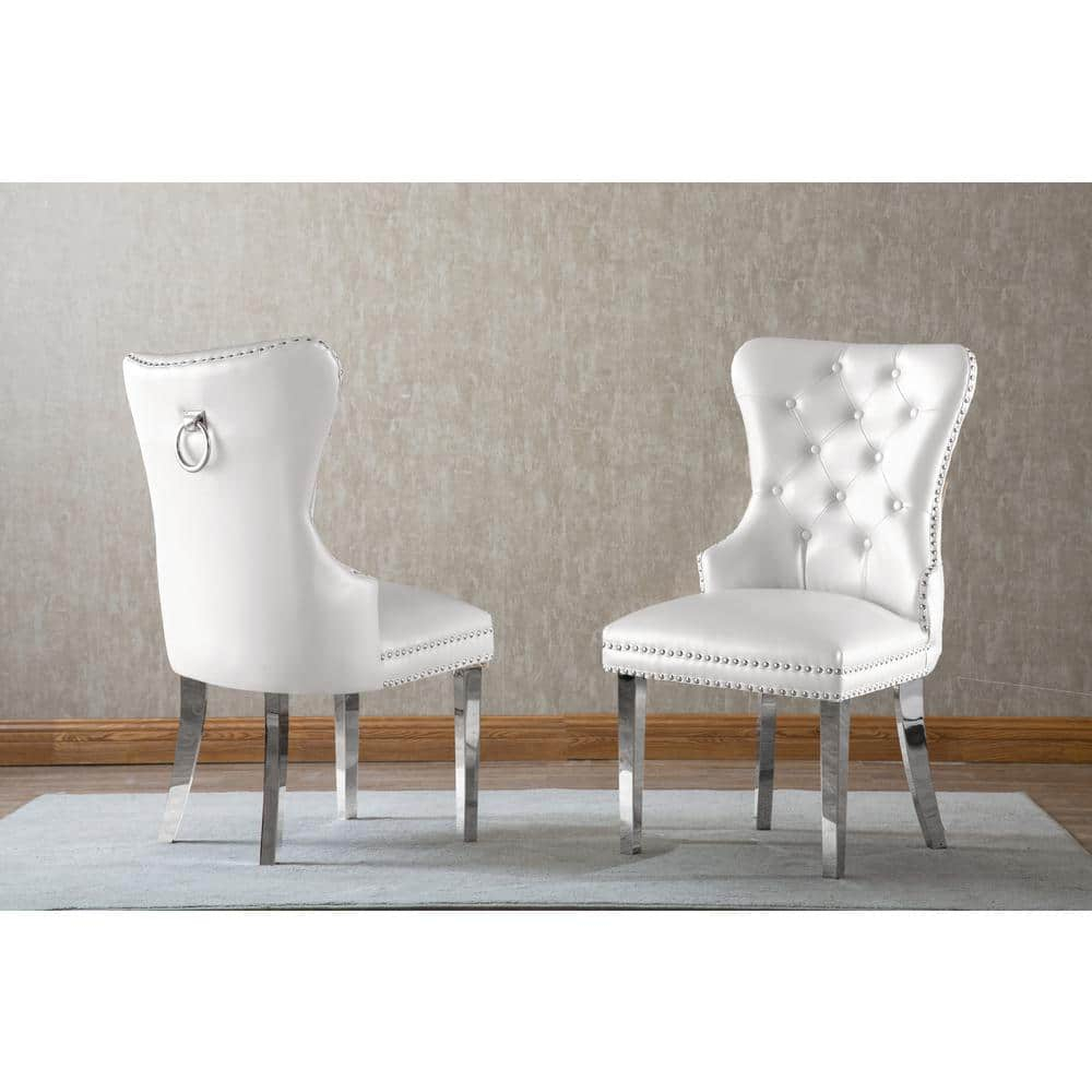 Tufted White Faux Leather Side Chairs with Silver Stainless Steel (Set of 2)
