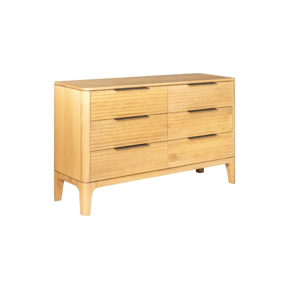 Benjara Cid Jima 59 Inch Dresser, 6 Drawers, Solid Wood in Natural Oak Finish