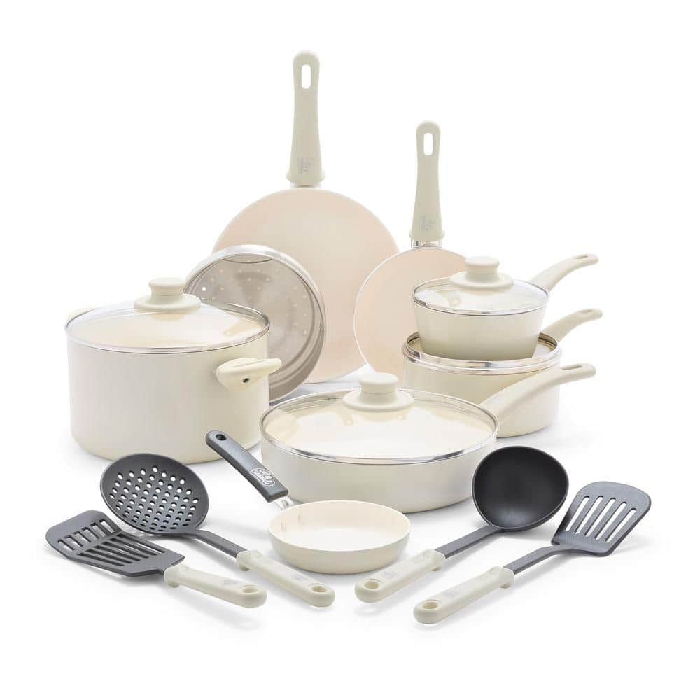 Soft Grip 16-Piece Aluminum Healthy Ceramic Nonstick Cookware Set in Cream