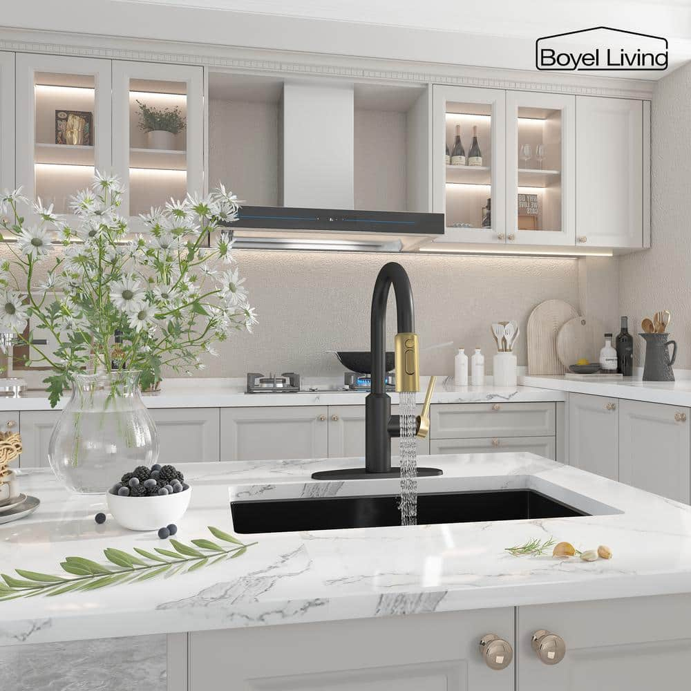 Matte Black and Brushed Gold Stainless Steel Pull Down Kitchen Faucet