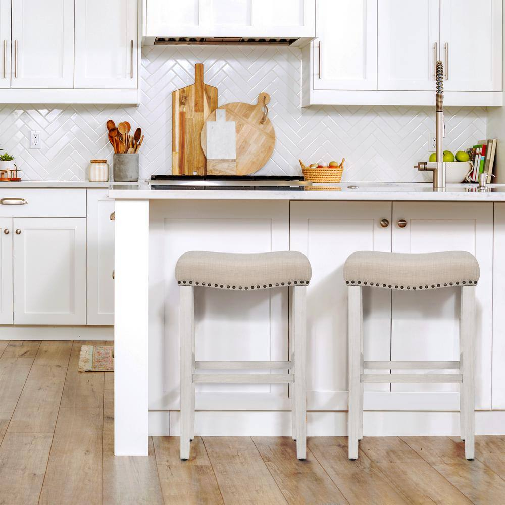 29" Upholstered Nail Head Counter Stool (Set of 2)Antique White/Beige