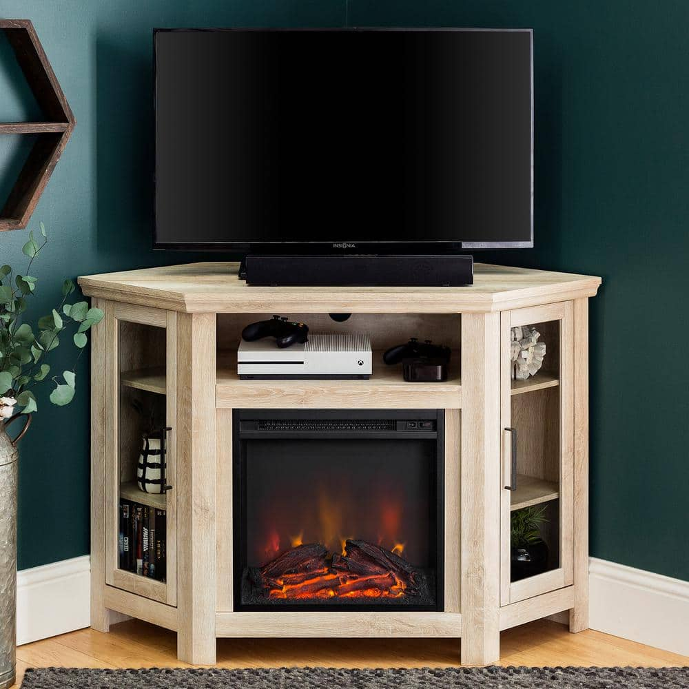 Elegant White Oak 48" Corner Media TV Stand with Electric Fireplace