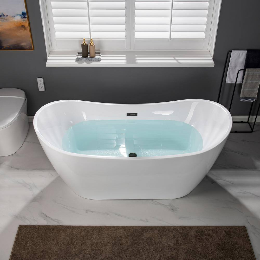 WOODBRIDGE 67" Acrylic Freestanding Bathtub Contemporary Soaking White Tub with Matte Black Overflow and Drain,B0010-MB-Drain &O