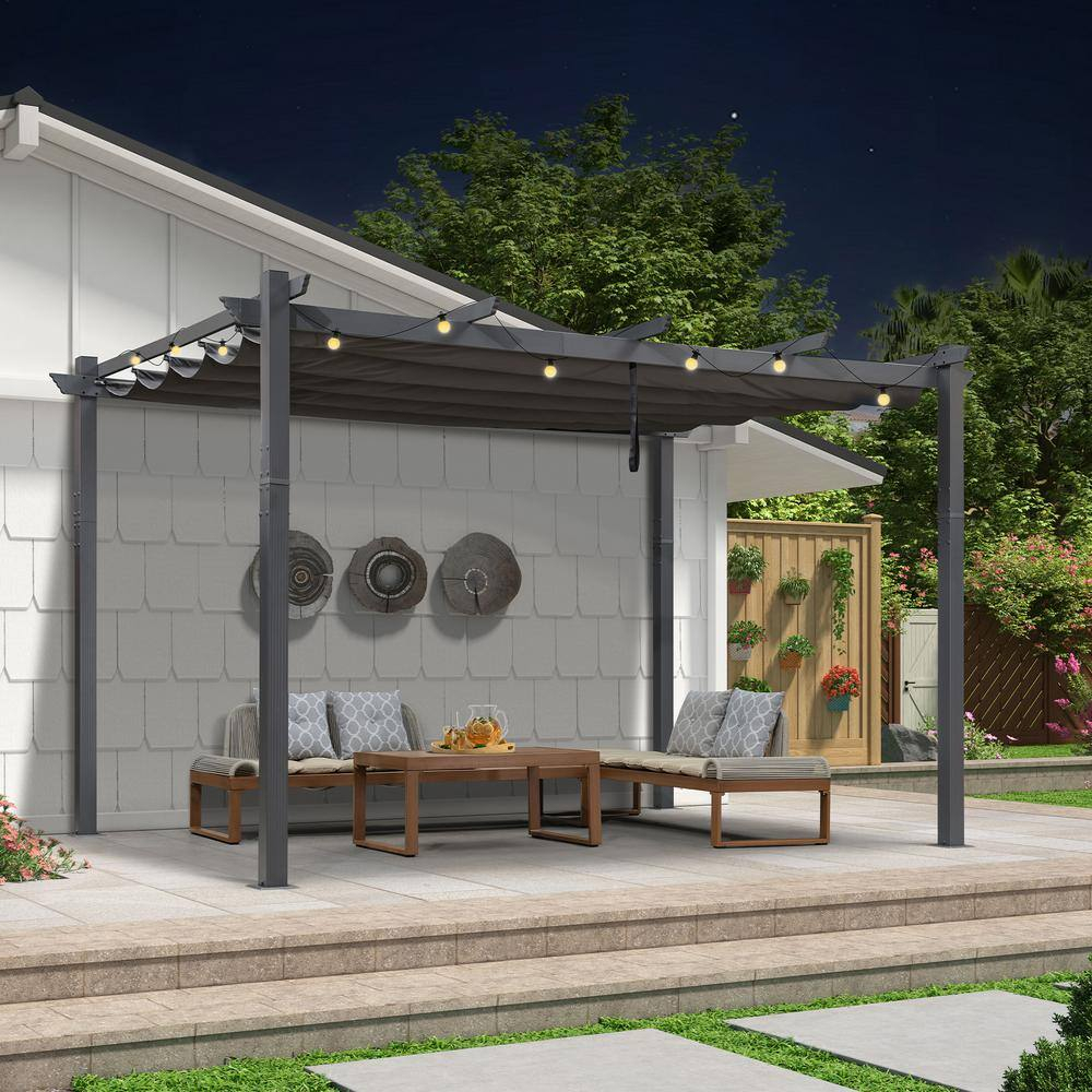 PURPLE LEAF Pergola 9.5' X 13' Outdoor Retractable Pergola Against The Wall with Sun Shade Canopy Aluminum Patio Pergola for Porch Garden Yard, Gray