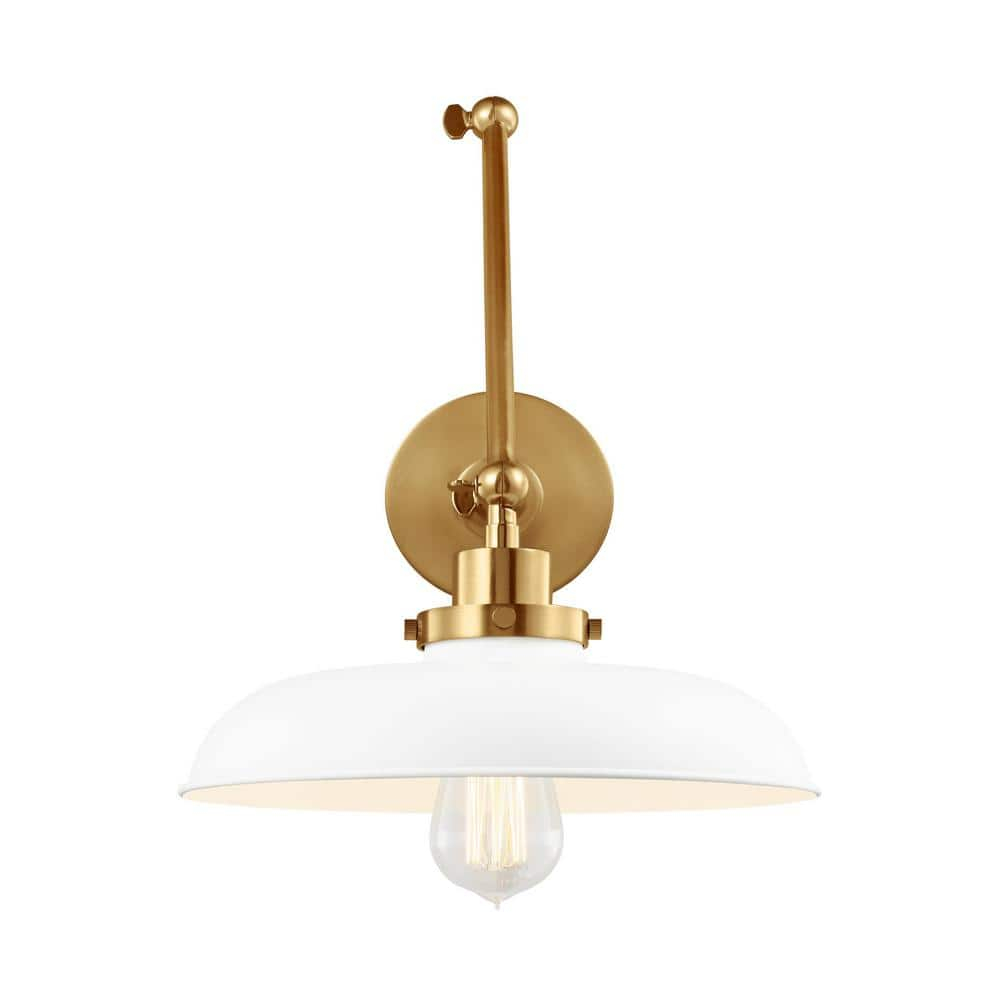 Matte White and Burnished Brass Double Arm Sconce