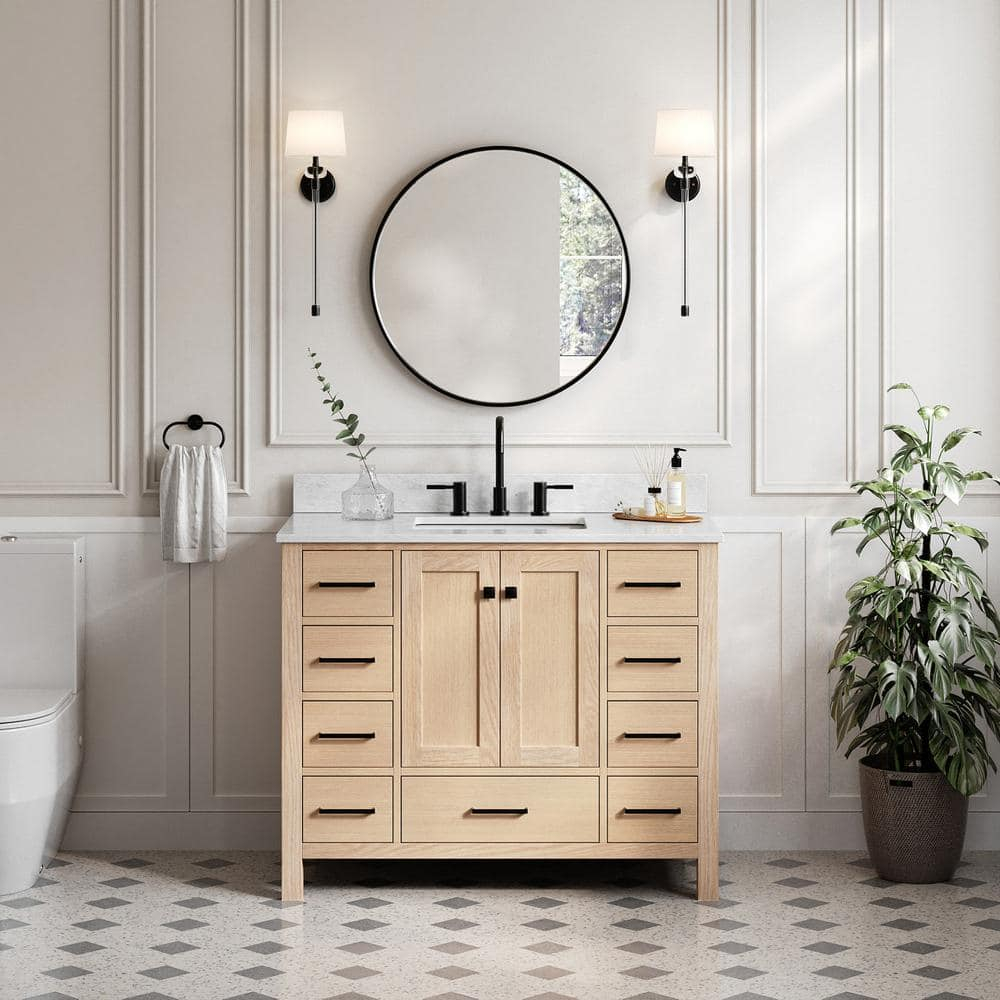 Ariel Cambridge 43 Inch Bathroom Vanity With Italian Carrara Marble Countertop 0.75 inch In Oak
