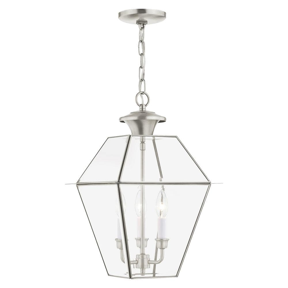 3 Light Outdoor Pendant Lantern in Farmhouse Style 12 inches Wide By 18.5 inches High-Brushed Nickel Finish Bailey Street Home 218-Bel-2255871